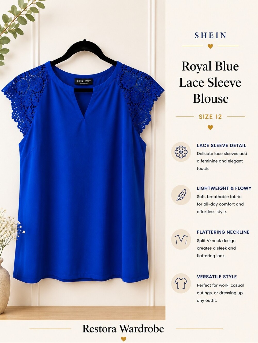 SHEIN Blouse Royal Blue Lace Cap Sleeve Split Neck Size 12 Romantic